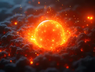 Glowing Fiery Sphere Floating Above Dark Storm Clouds