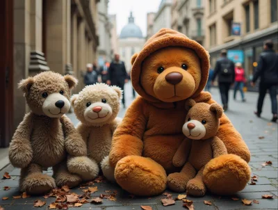 Four Teddy Bears Sitting On A City Street