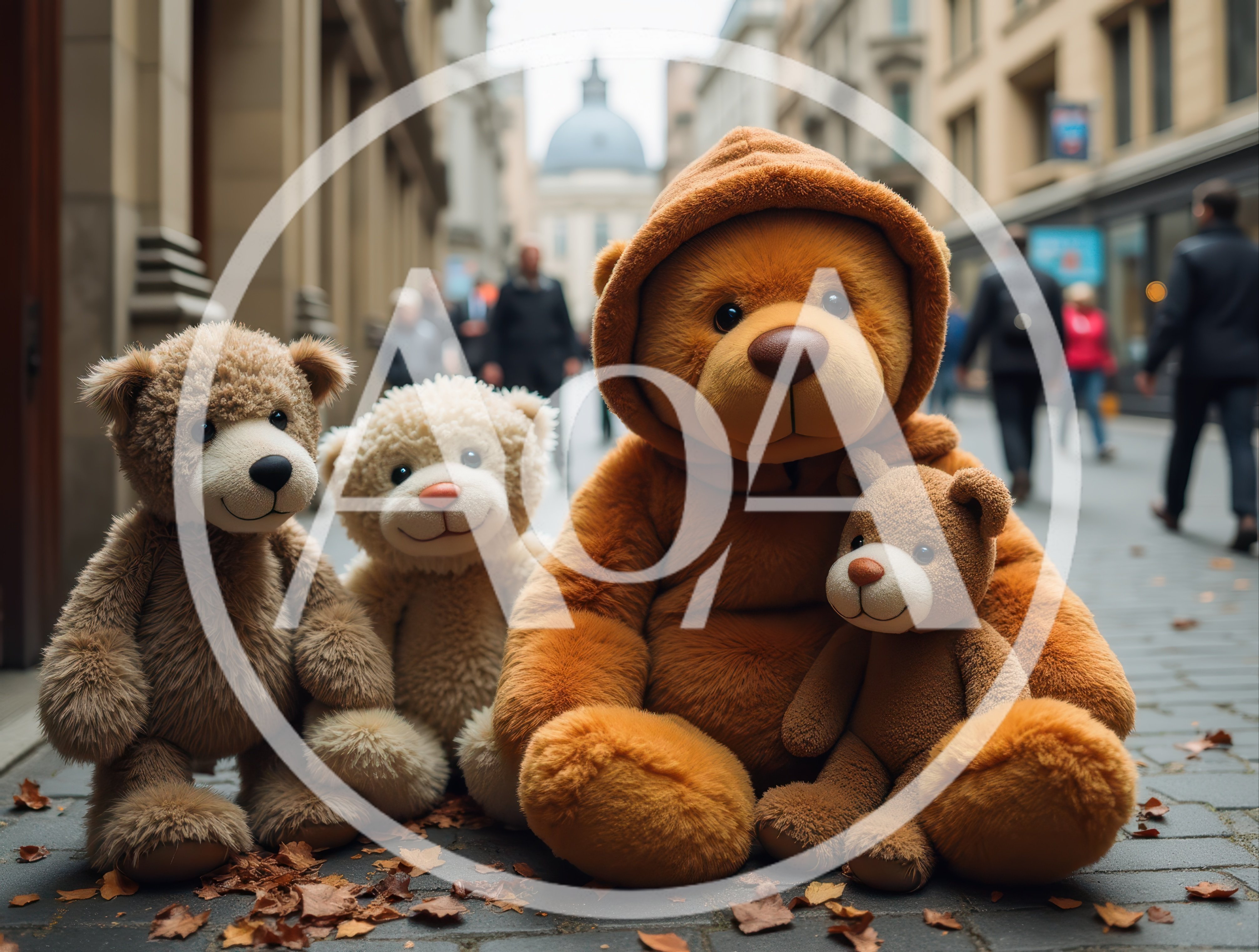 Four Teddy Bears Sitting On A City Street