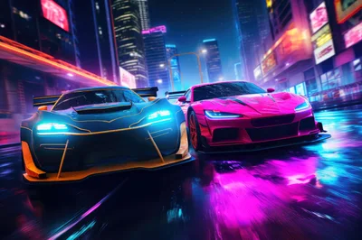 Two Futuristic Sports Cars Racing Through Neon City Streets