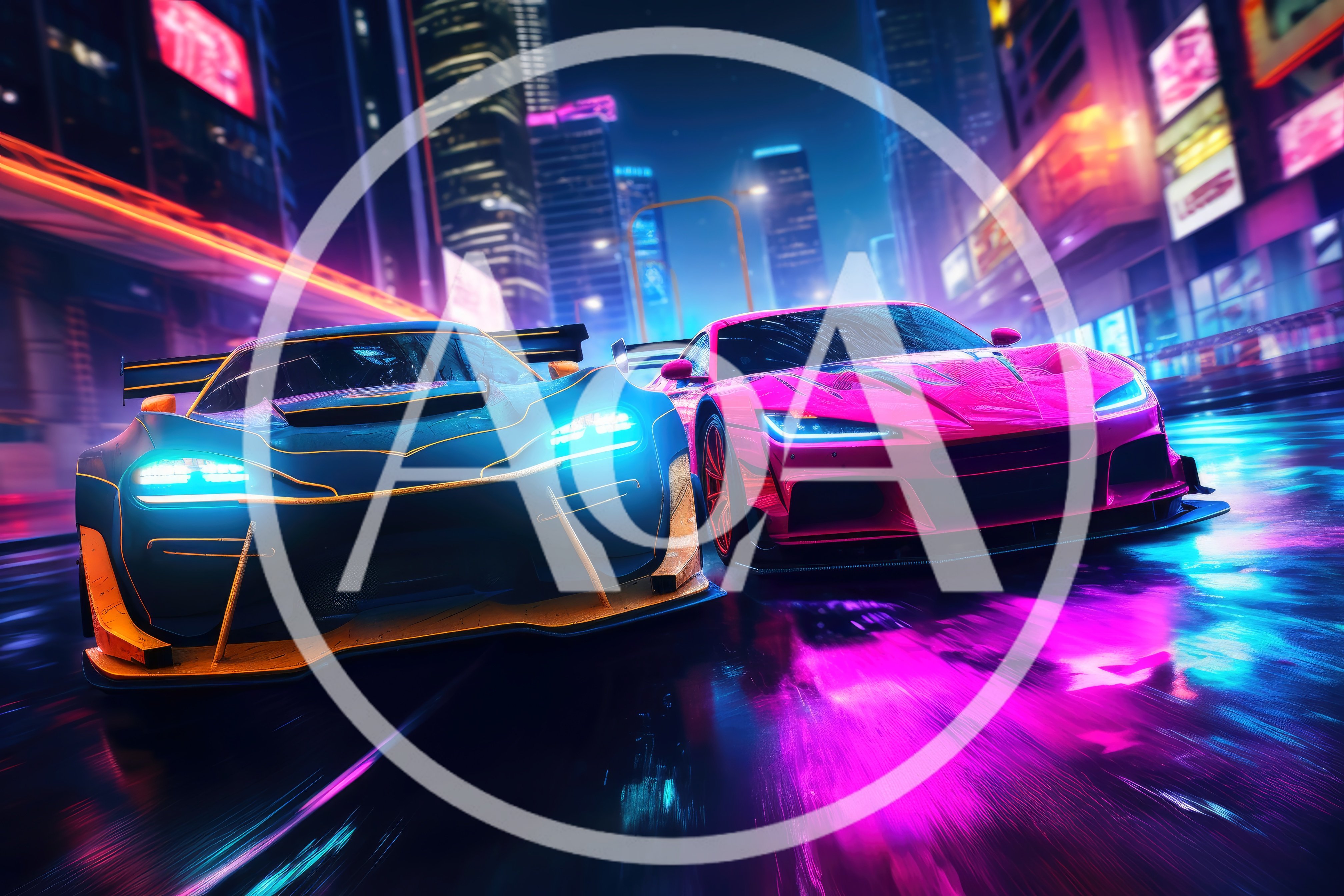 Two Futuristic Sports Cars Racing Through Neon City Streets