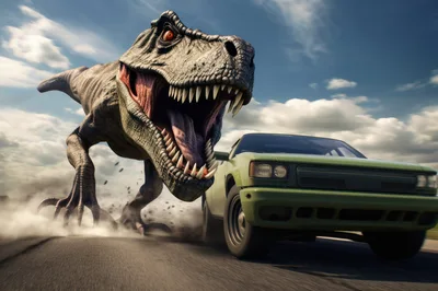 Tyrannosaurus Rex Chasing A Green Car On Road