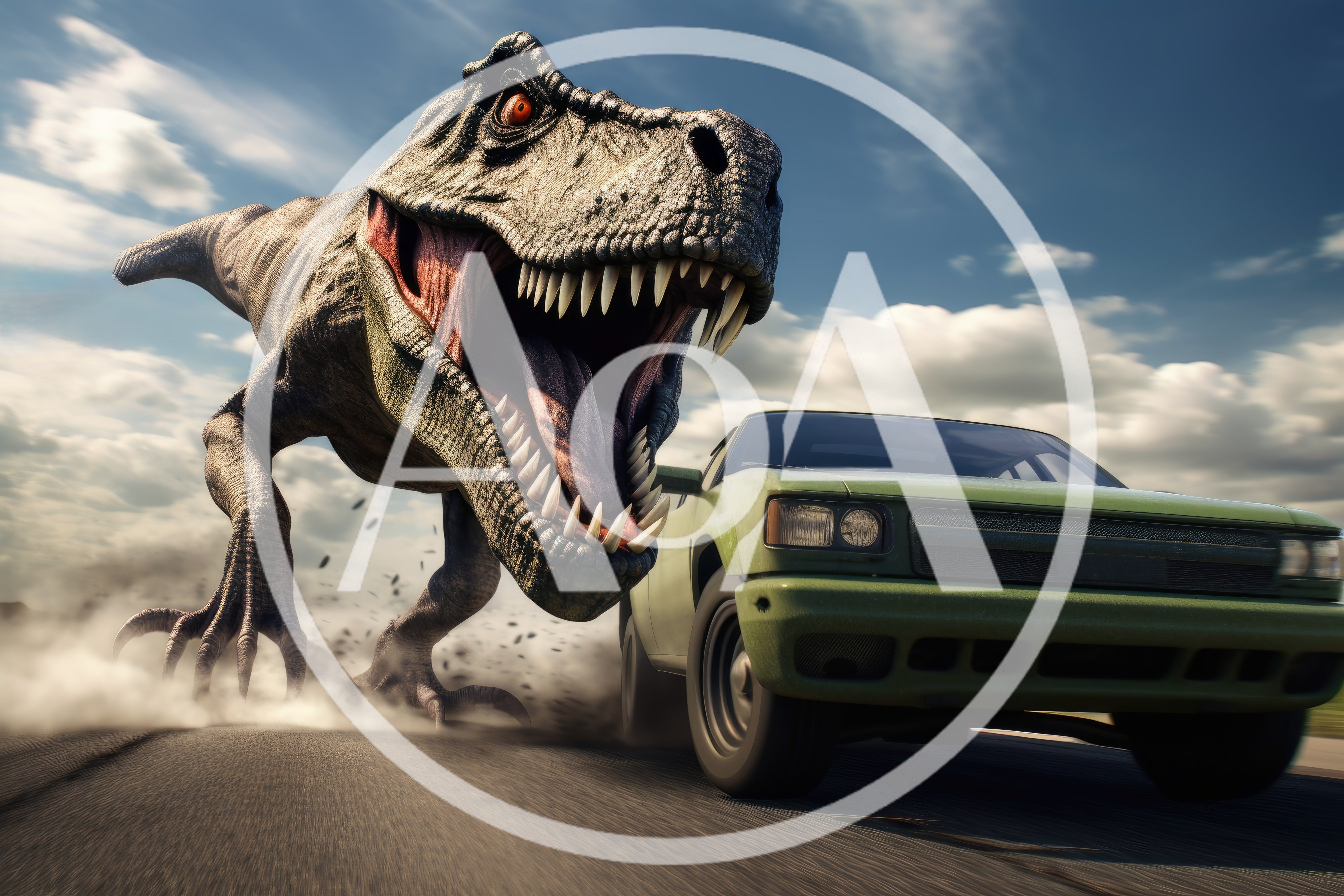 Tyrannosaurus Rex Chasing A Green Car On Road