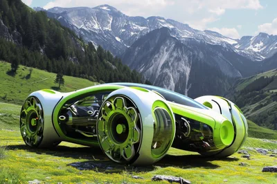 Futuristic Concept Car In Alpine Mountain Landscape