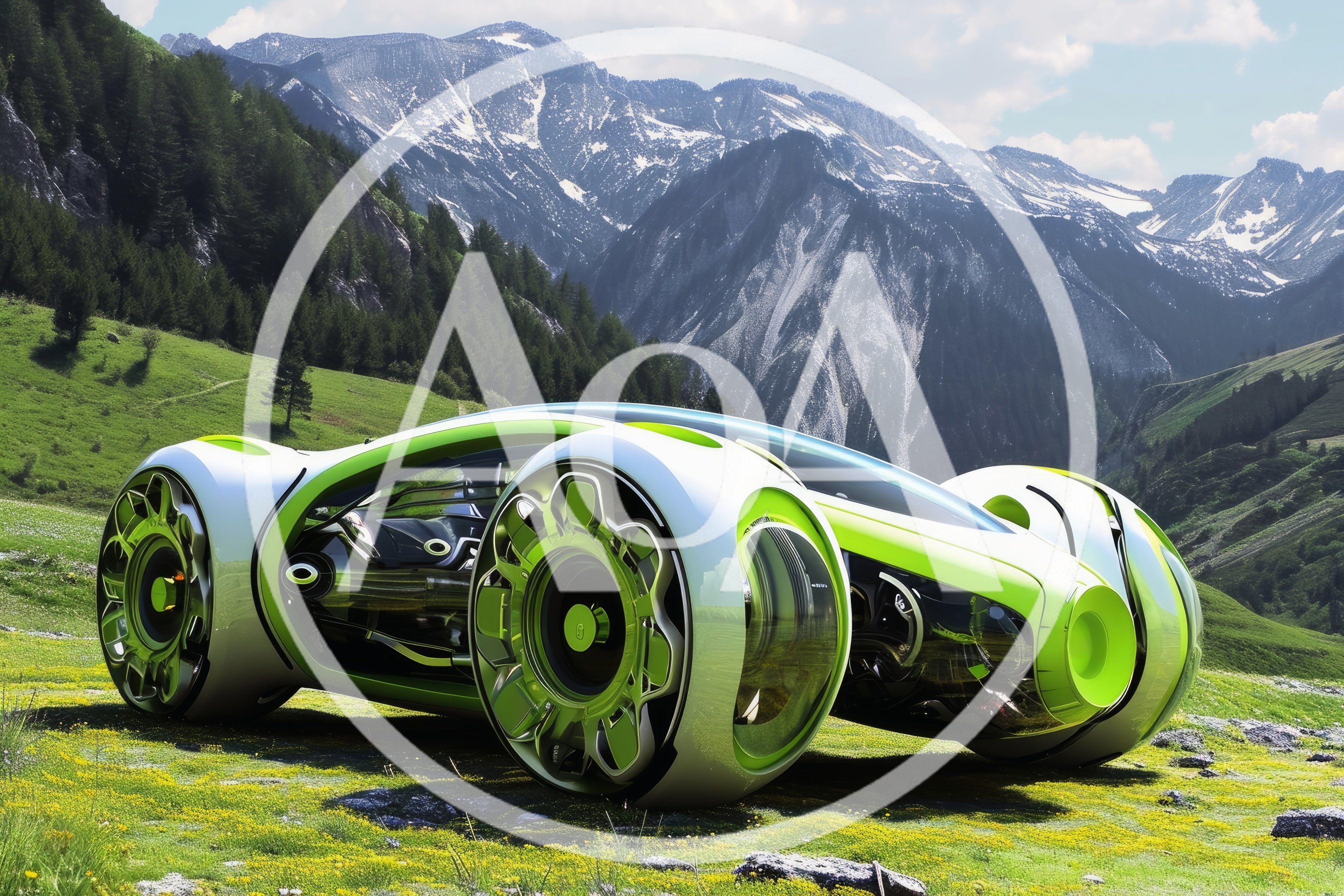 Futuristic Concept Car In Alpine Mountain Landscape