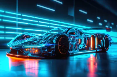 Futuristic Transparent Sports Car With Neon Lighting