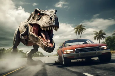 Tyrannosaurus Rex Chasing A Red Car On Highway
