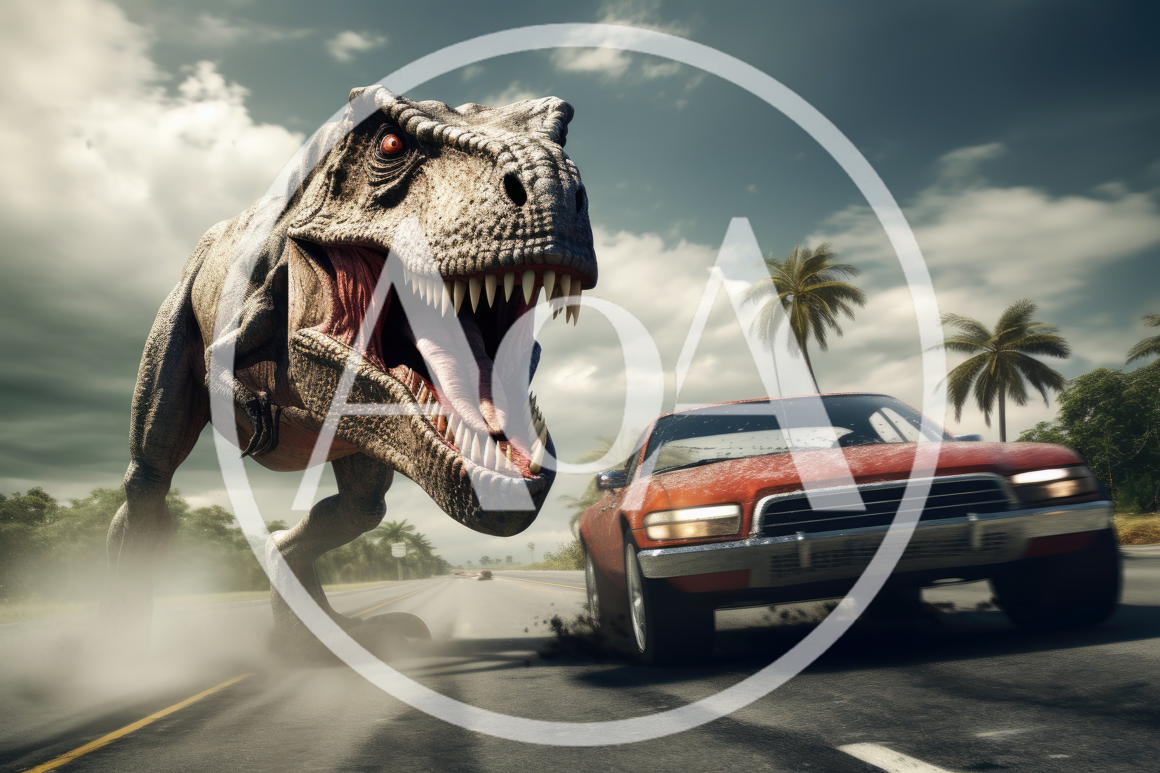 Tyrannosaurus Rex Chasing A Red Car On Highway