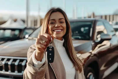 Happy Woman Holding Car Keys At Dealership