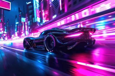 Futuristic Sports Car Speeding Through Neon Cyberpunk City