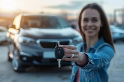 Young Woman Holding Car Keys In Front Of Vehicle