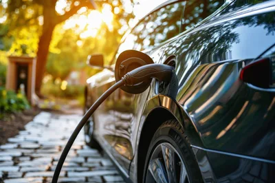 Electric Vehicle Charging At Home During Golden Hour