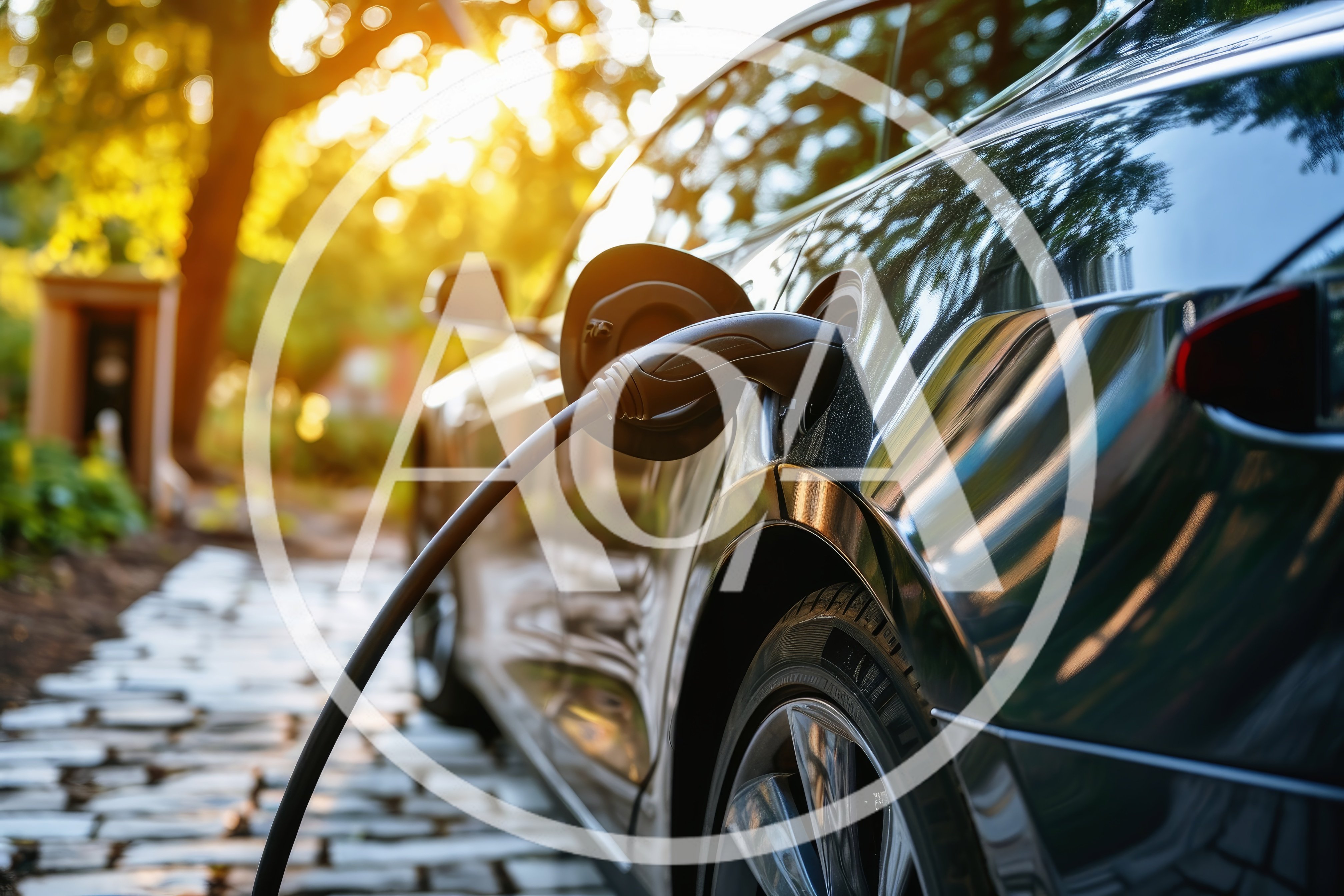 Electric Vehicle Charging At Home During Golden Hour