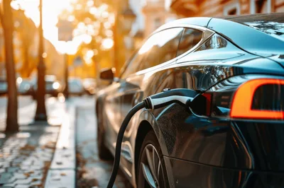 Electric Car Charging At A Street Side Station