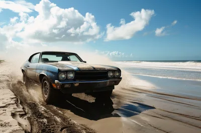 Classic Muscle Car Driving Fast On Sandy Beach