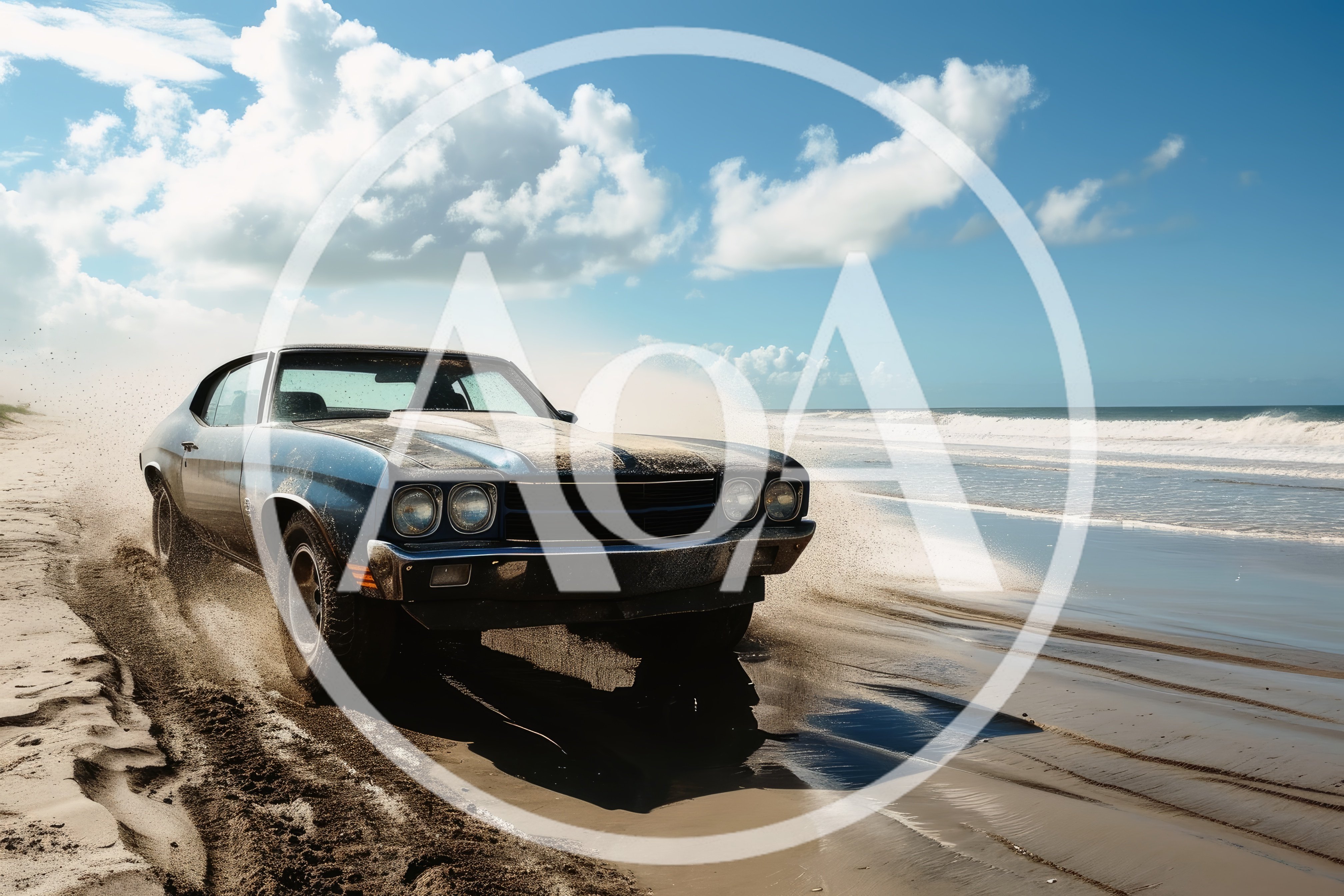 Classic Muscle Car Driving Fast On Sandy Beach