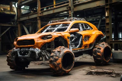 Custom Orange Off-Road Vehicle In Industrial Warehouse