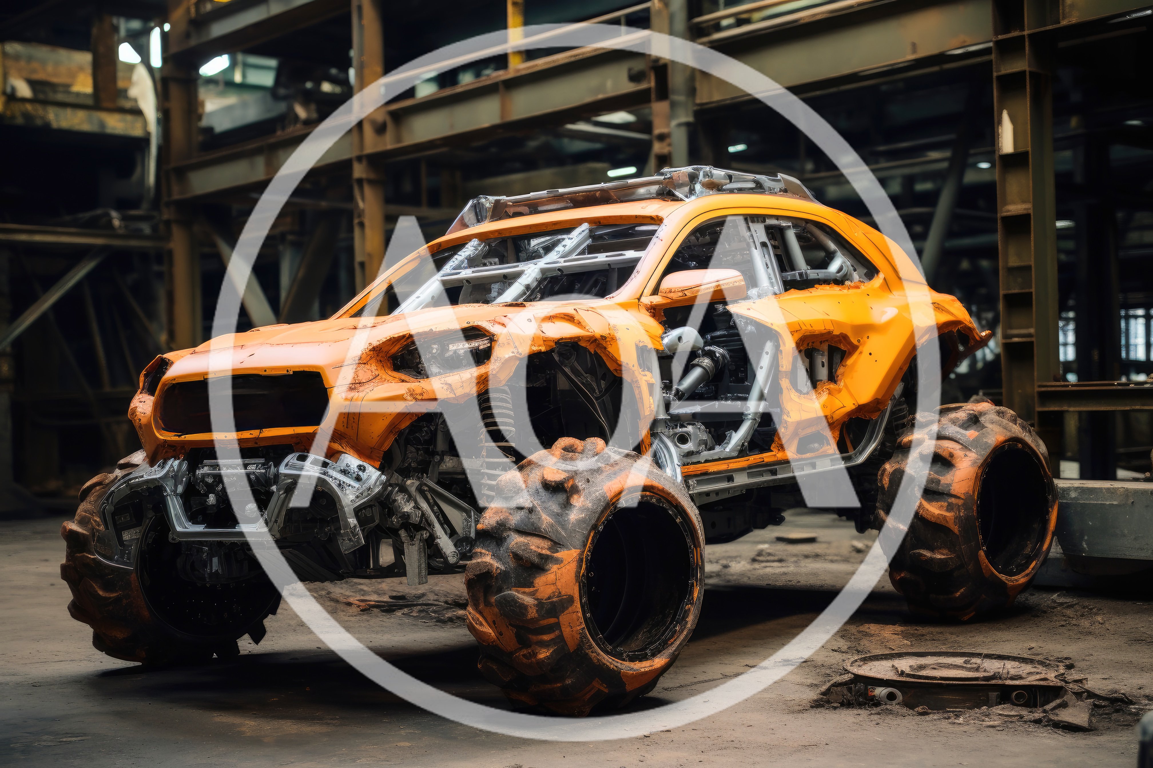 Custom Orange Off-Road Vehicle In Industrial Warehouse