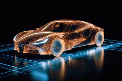 Digital Wireframe Concept Car On Glowing Grid