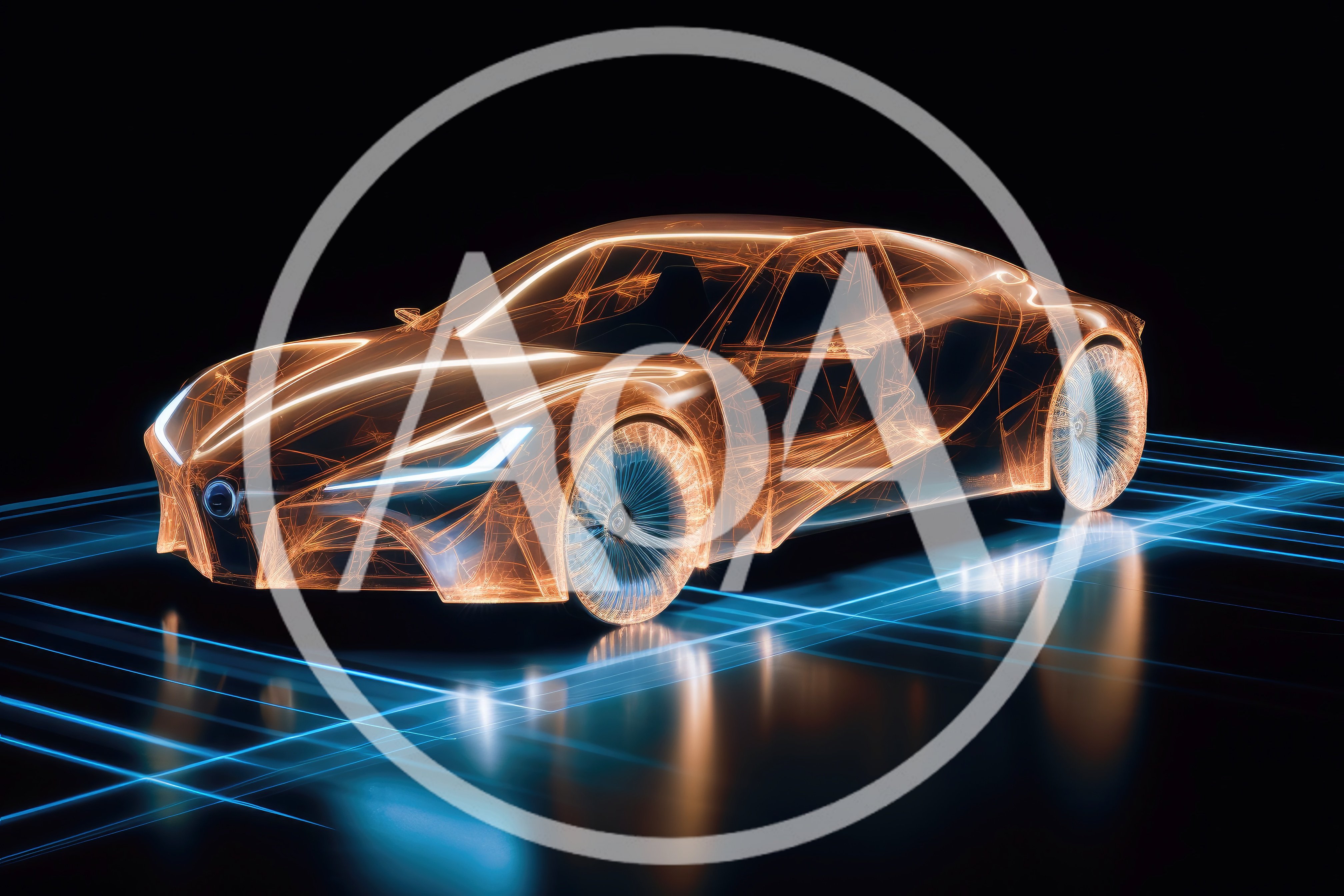 Digital Wireframe Concept Car On Glowing Grid
