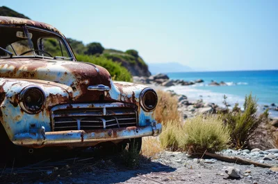 Abandoned Vintage Car On A Rocky Coastal Beach