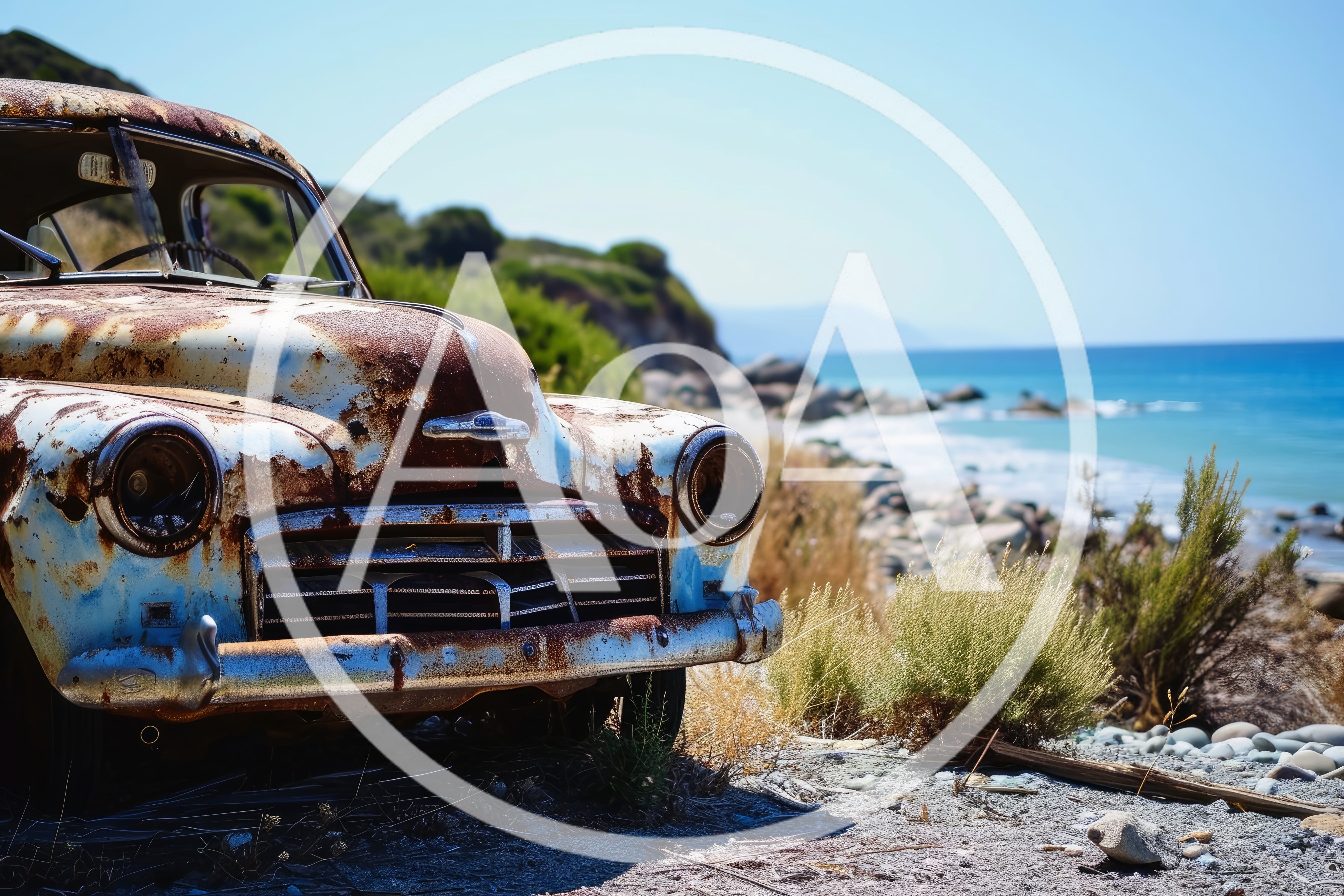 Abandoned Vintage Car On A Rocky Coastal Beach