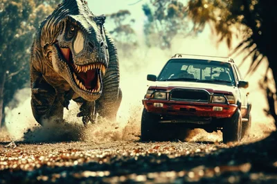 Tyrannosaurus Rex Chasing A Red Off-Road Vehicle
