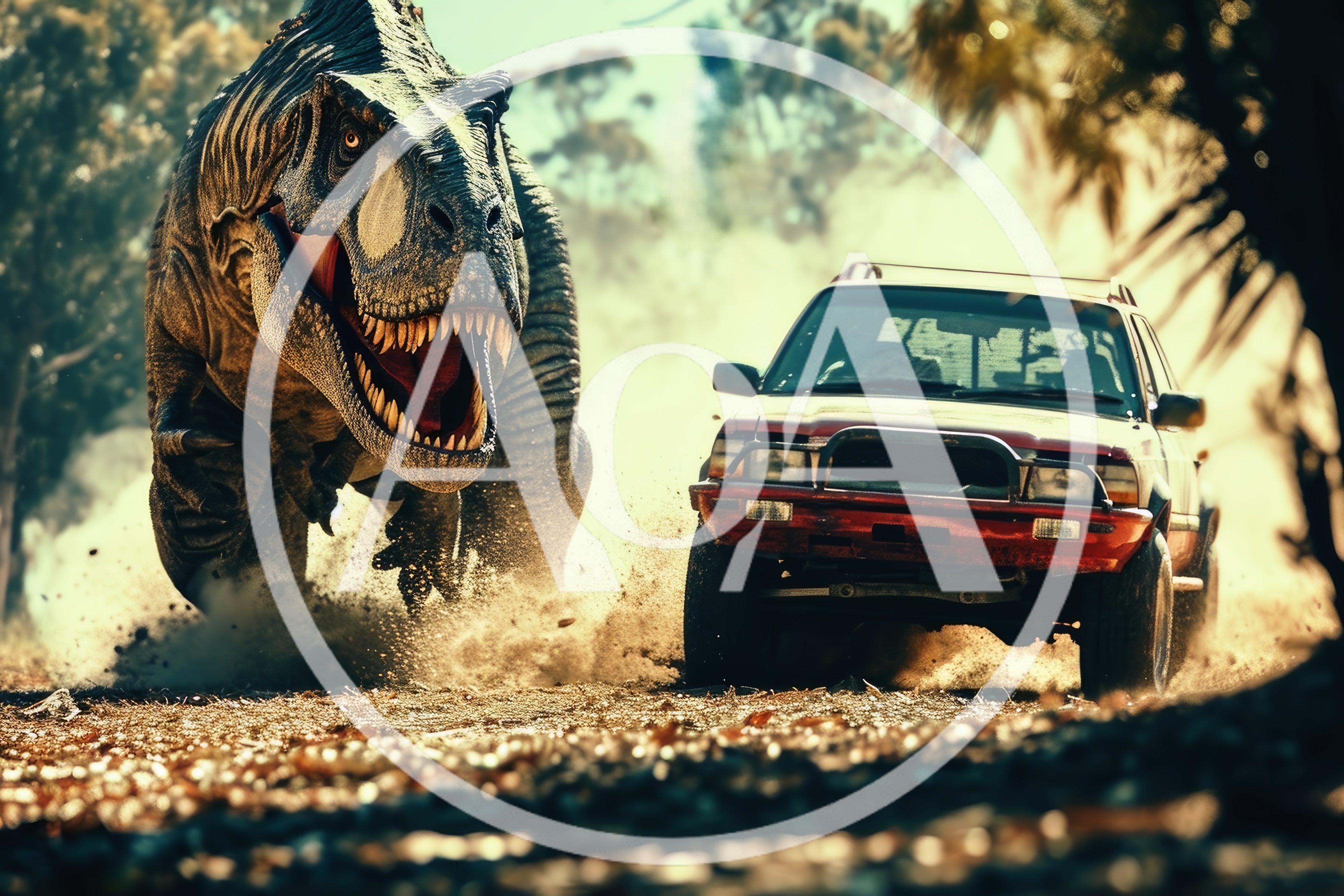 Tyrannosaurus Rex Chasing A Red Off-Road Vehicle
