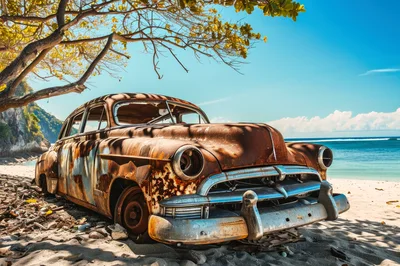 Abandoned Rusty Vintage Car On Tropical Beach