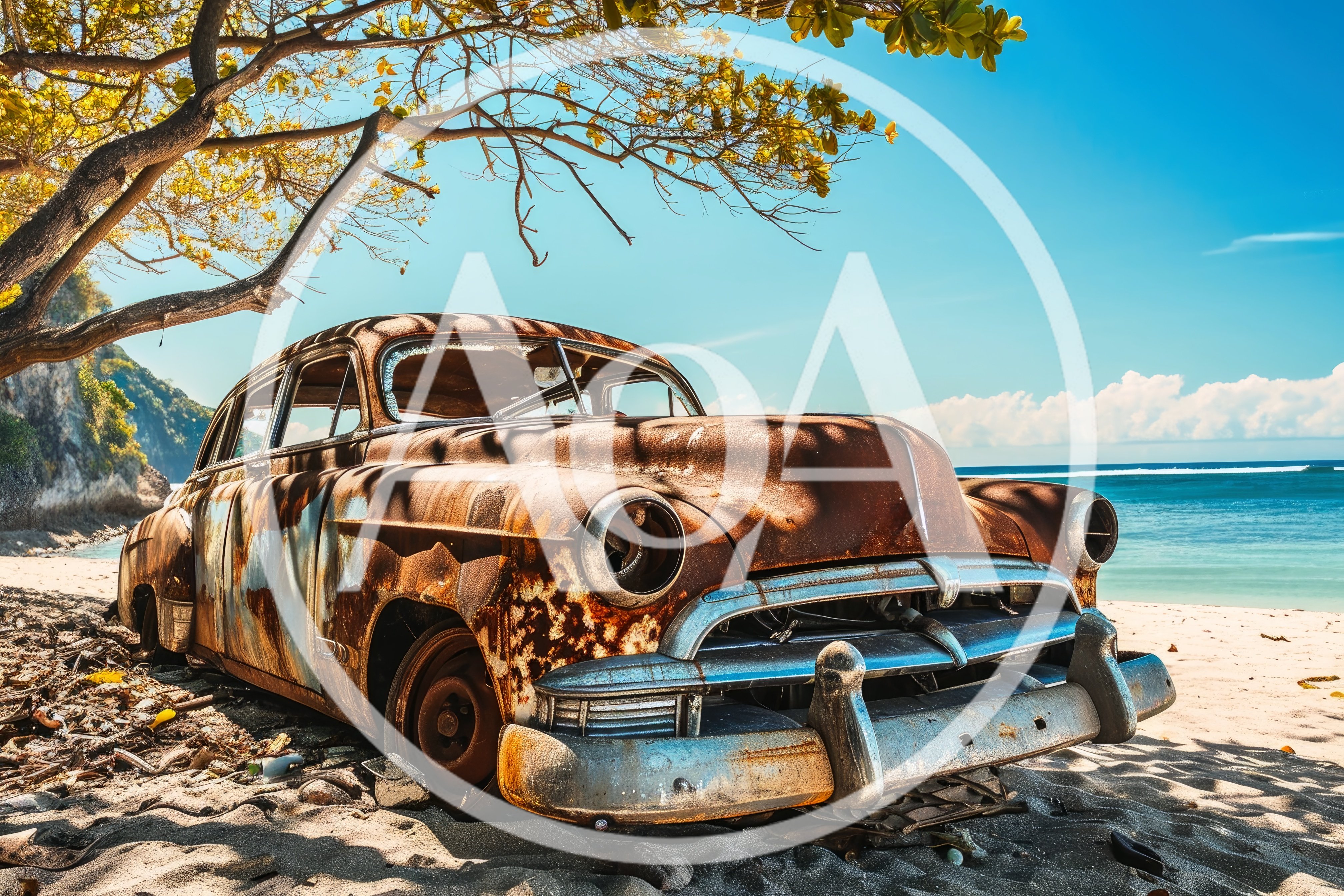 Abandoned Rusty Vintage Car On Tropical Beach
