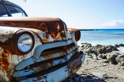 Abandoned Vintage Car Wreckage on Tropical Beach
