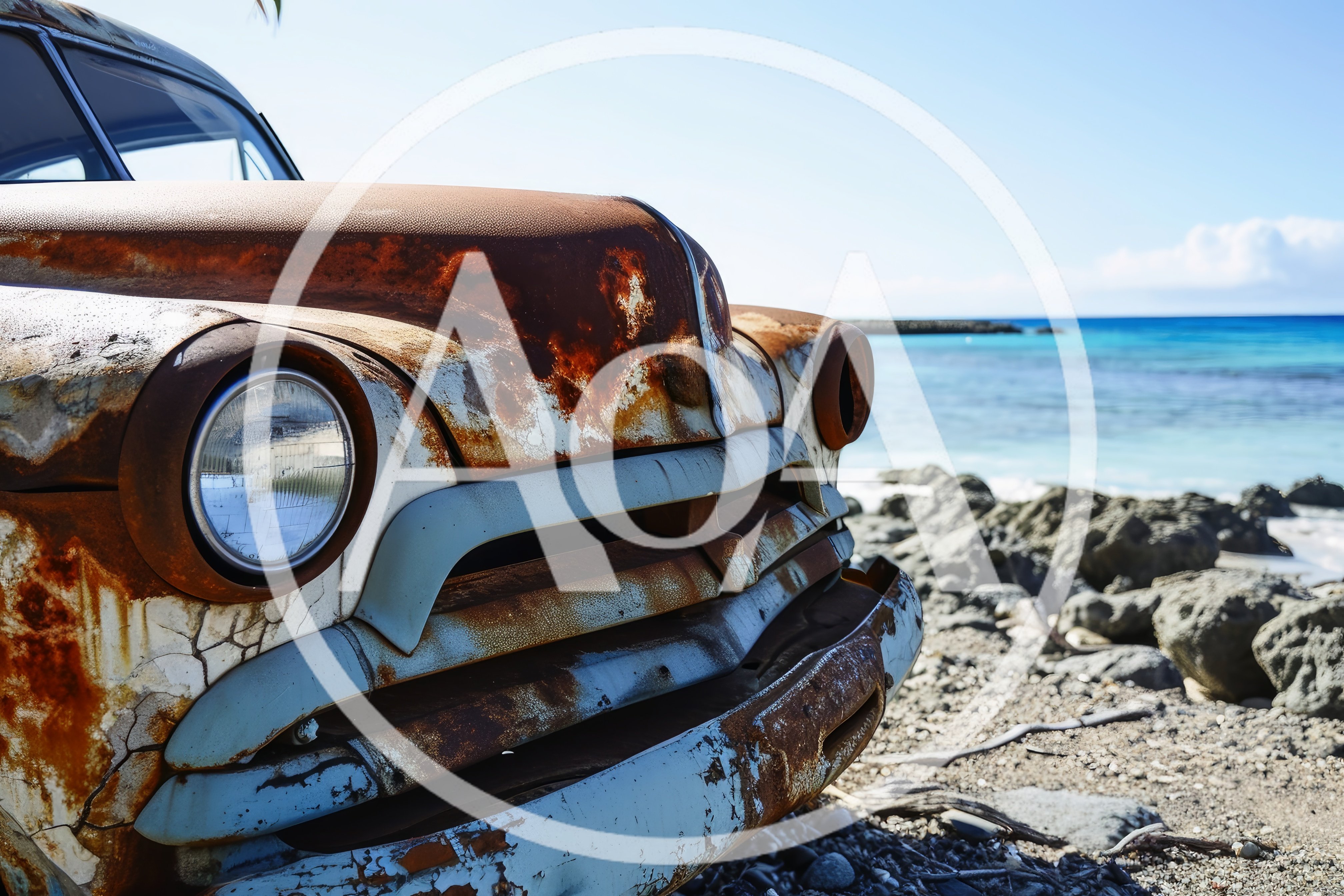 Abandoned Vintage Car Wreckage on Tropical Beach