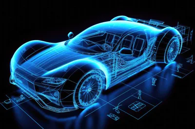 Blue Wireframe 3D Model Of A Futuristic Sports Car