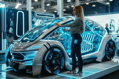 Woman Interacting With Futuristic Concept Car