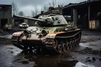 Abandoned Military Tank In A Dilapidated Industrial Yard