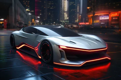 Futuristic Concept Sports Car on Wet City Street