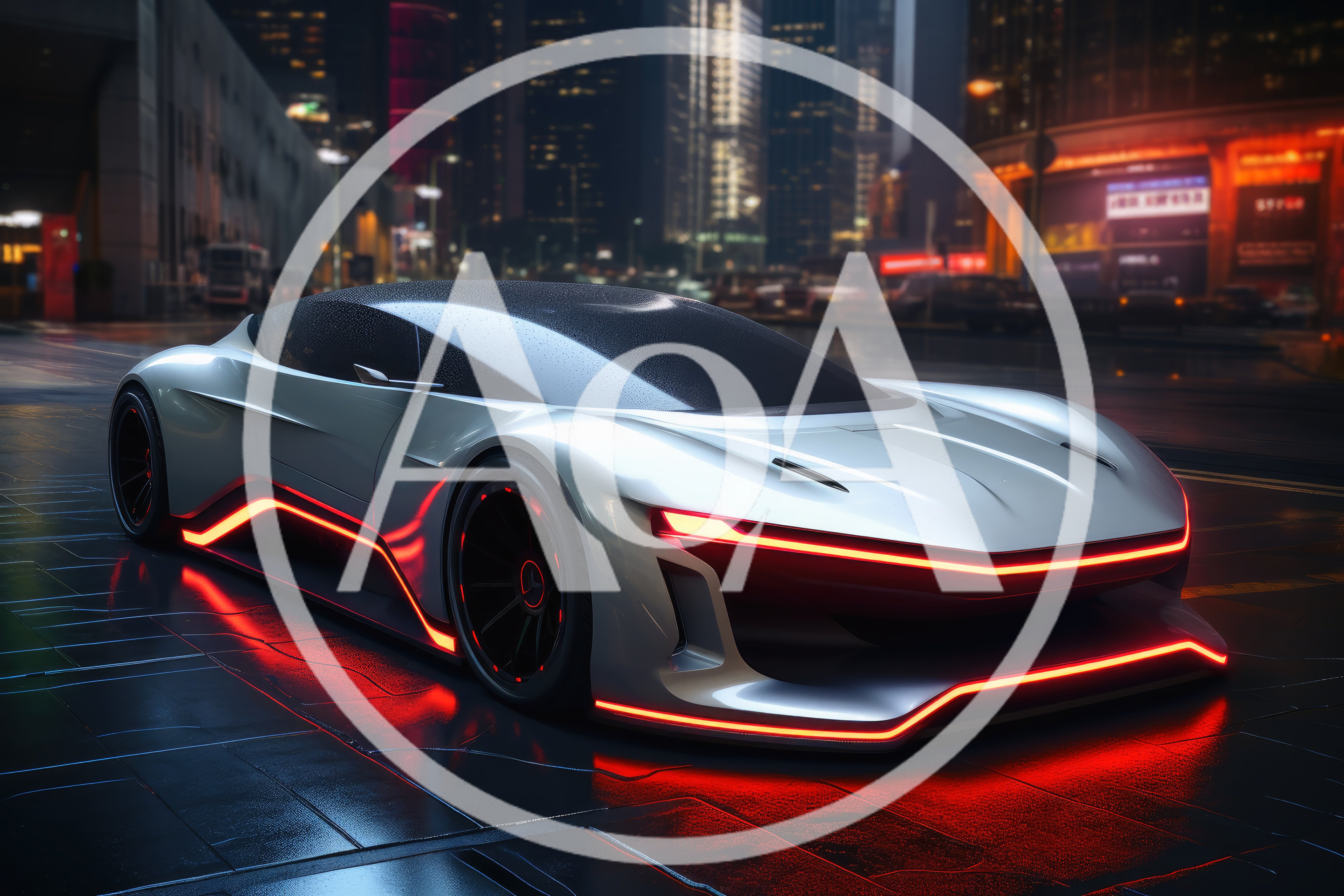 Futuristic Concept Sports Car on Wet City Street