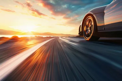Sports Car Driving Fast On Coastal Road At Sunset