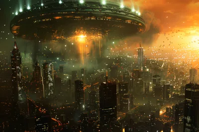 Massive Alien Mothership Hovering Over Futuristic Cityscape