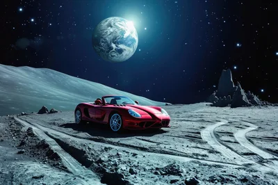 Red Sports Car Parked On The Moon Surface