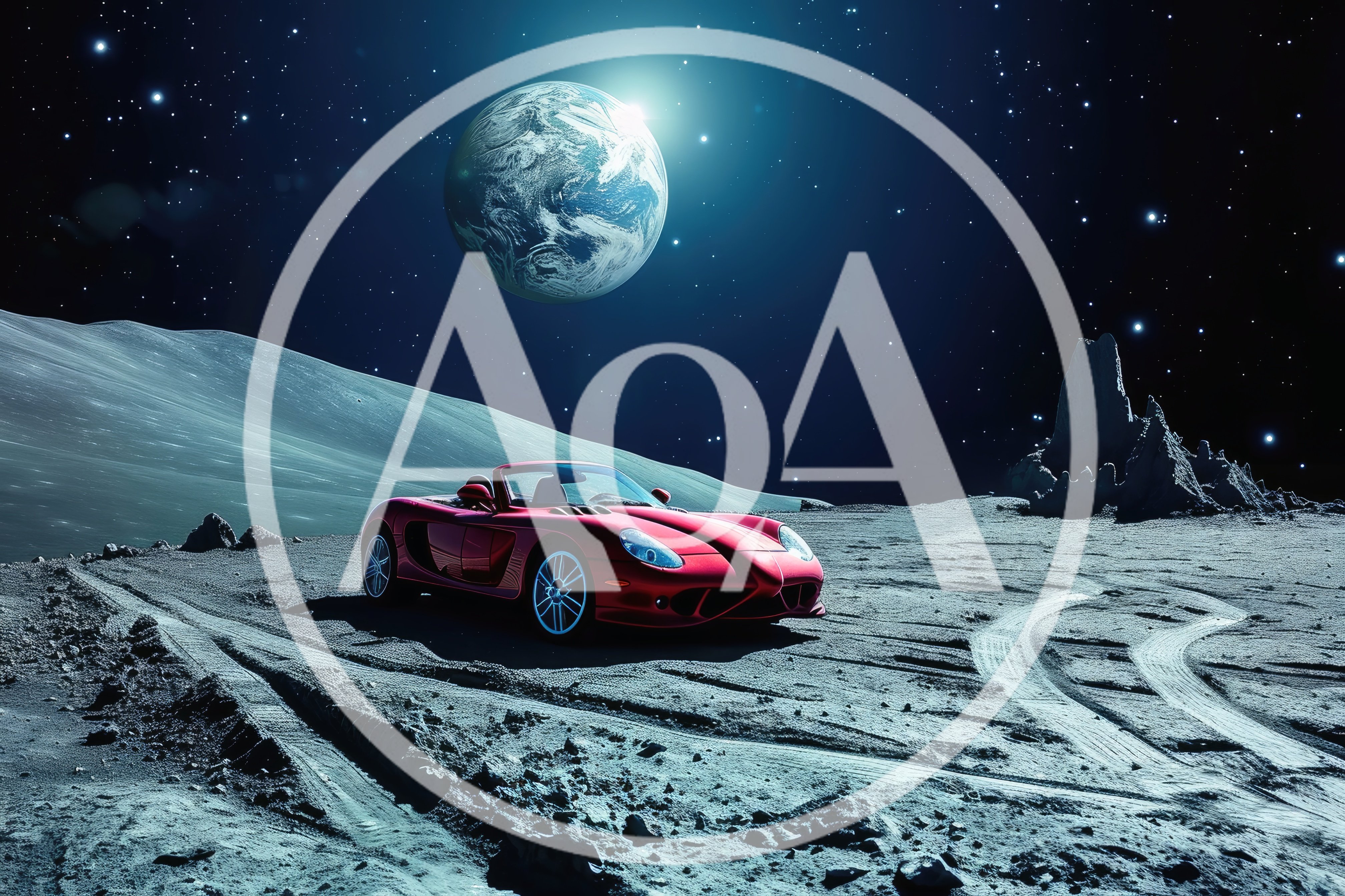 Red Sports Car Parked On The Moon Surface