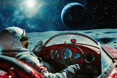 Astronaut Driving Vintage Sports Car On Lunar Surface
