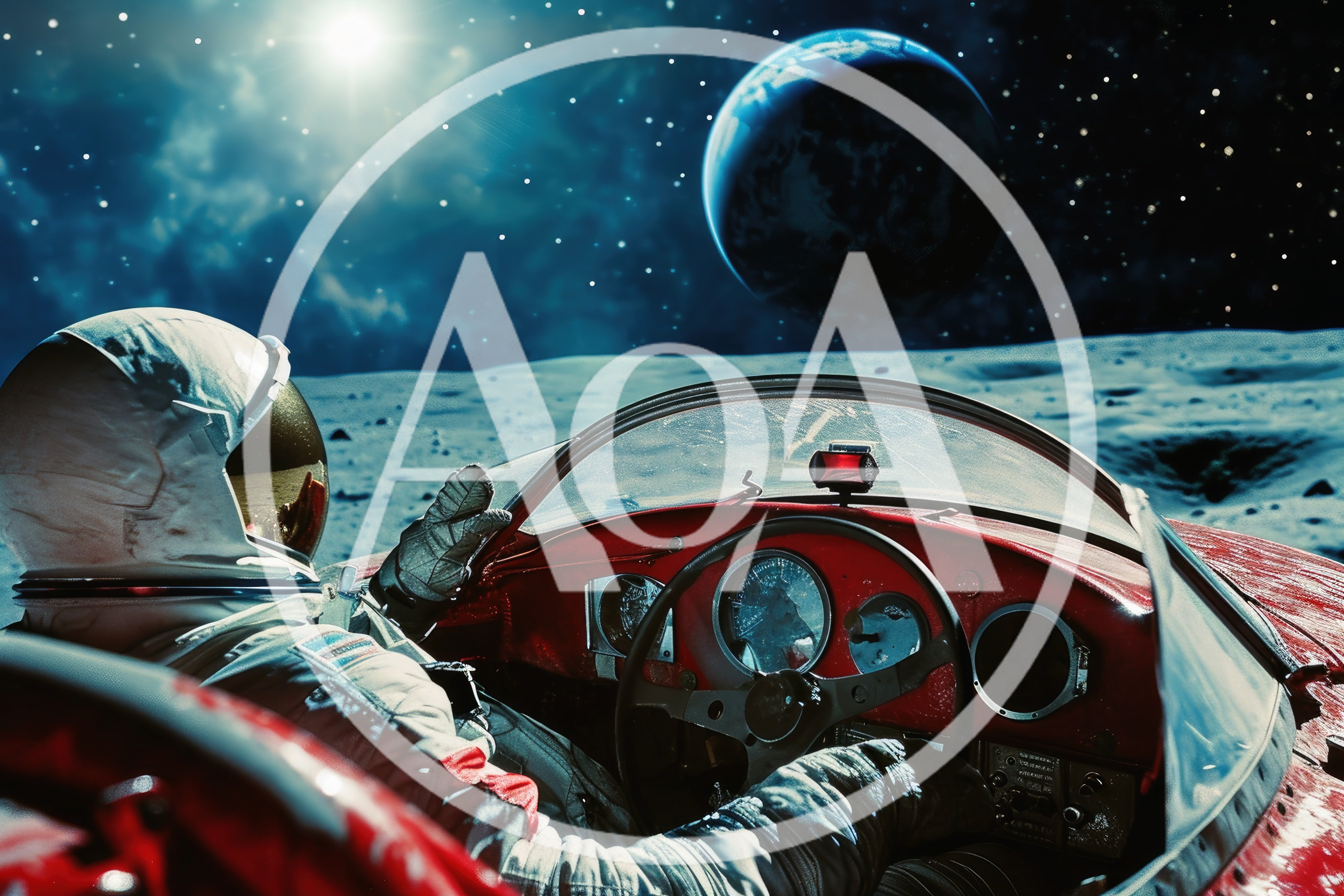 Astronaut Driving Vintage Sports Car On Lunar Surface