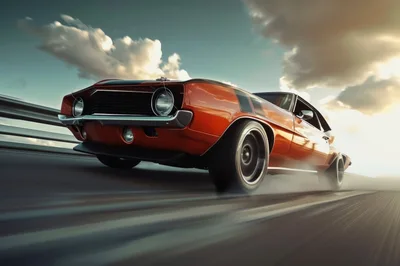 Classic Orange Muscle Car Speeding On Highway