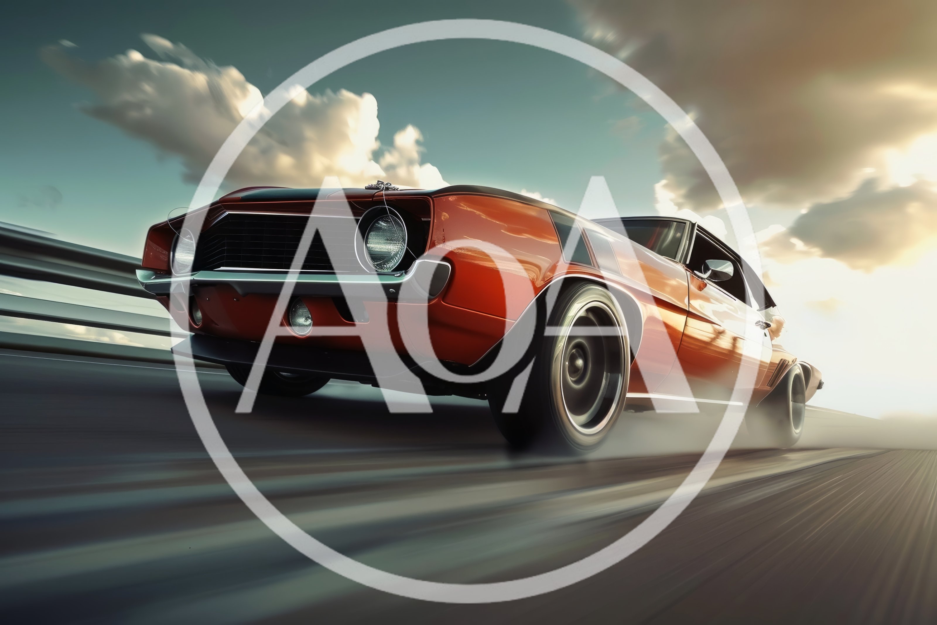 Classic Orange Muscle Car Speeding On Highway