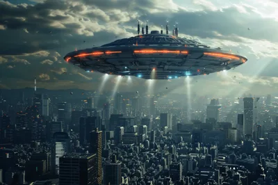 Giant Alien Mothership Hovering Over Futuristic Cityscape