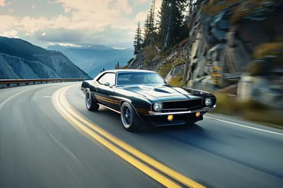 Classic Black Muscle Car Driving On Mountain Road