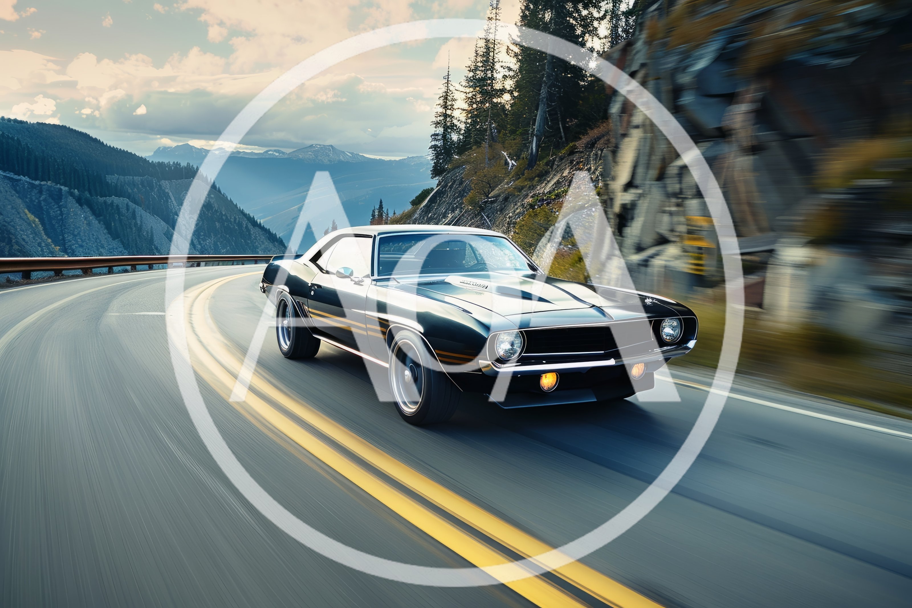 Classic Black Muscle Car Driving On Mountain Road