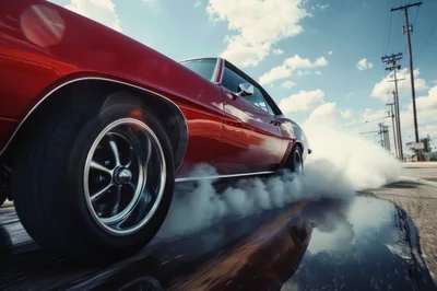 Red Muscle Car Performing A Burnout On Asphalt