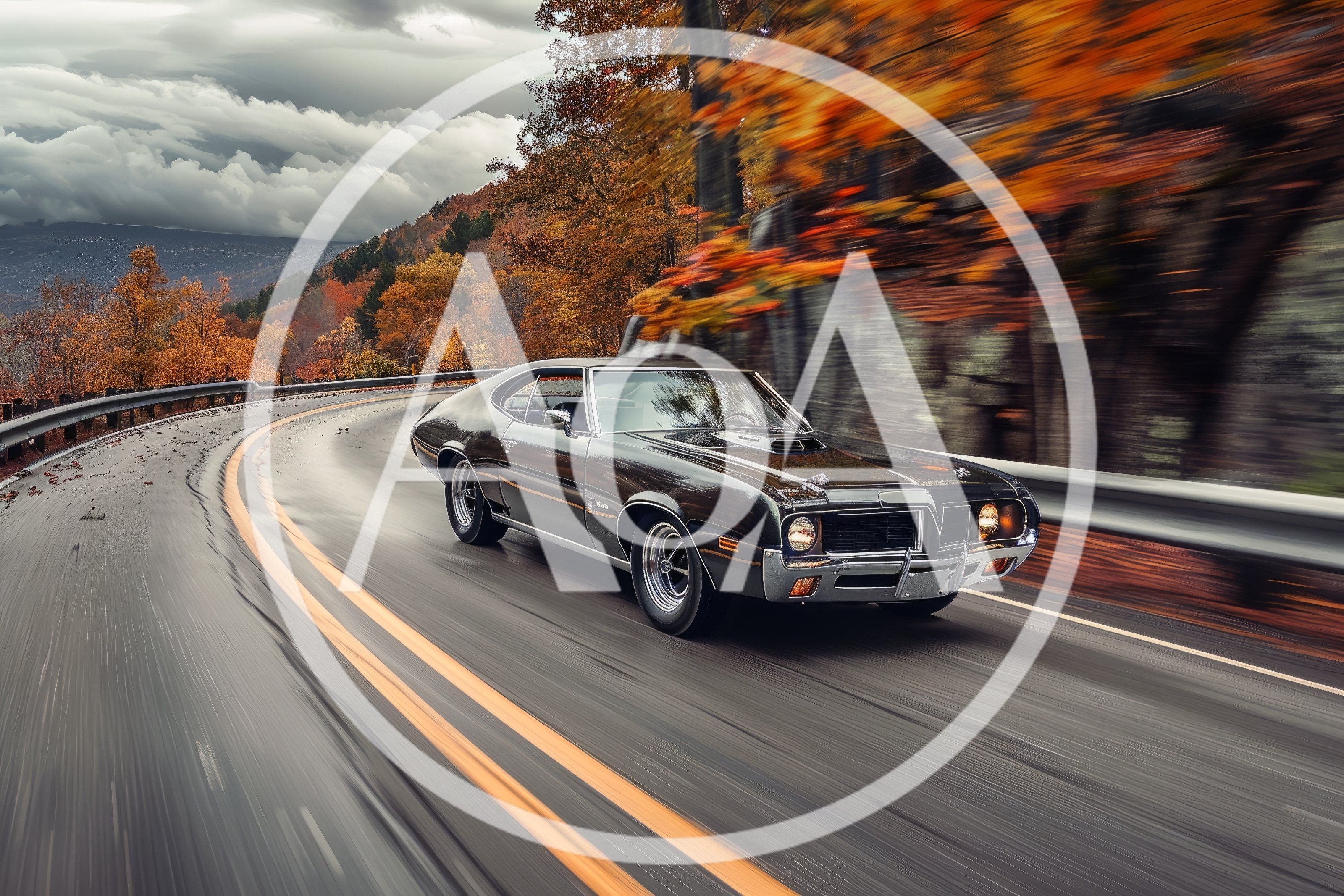 Classic Muscle Car Driving On A Winding Autumn Road